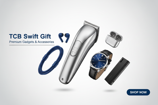 generate a professional banner for TCB Swift Gift gadget store, clipper, watch, 